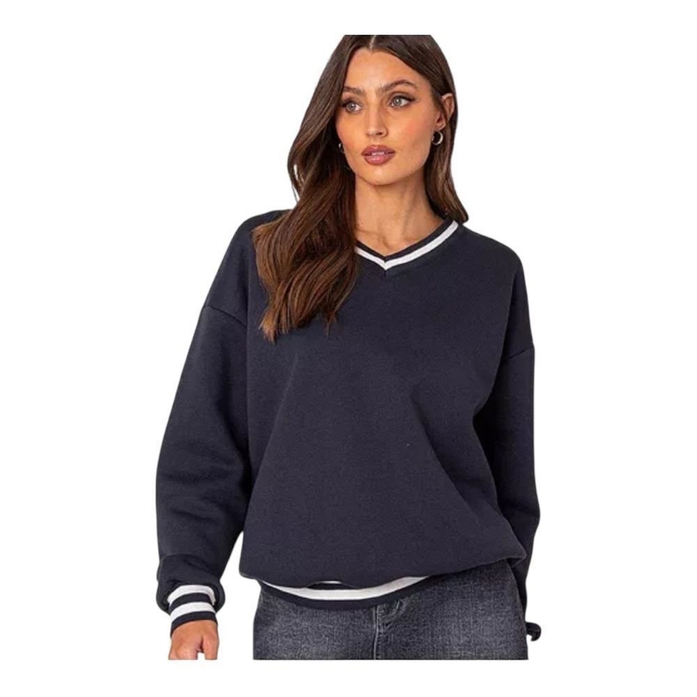 Edikted Caryn Oversized Navy Blue Nautical V Neck Cozy Sweatshirt Size Small